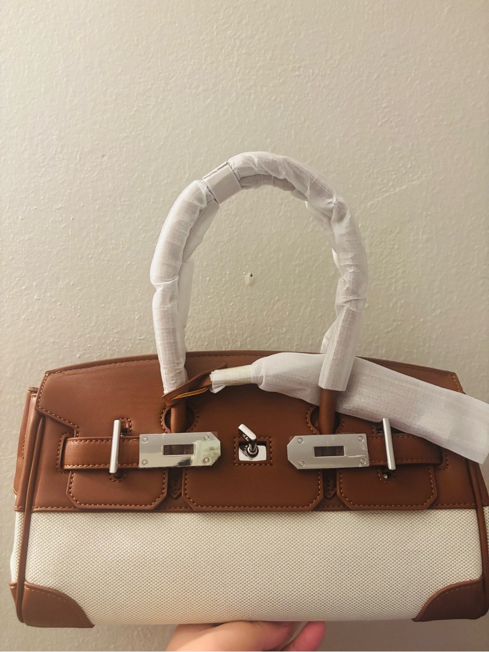 Fashion Gold-brown Top-Handle Satchel Bag swift and toile combo 30cm